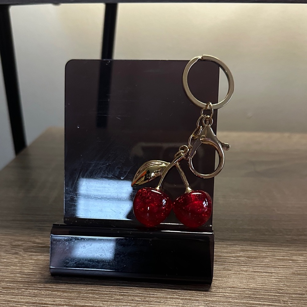 Red Cherry Keychain with Gold Details